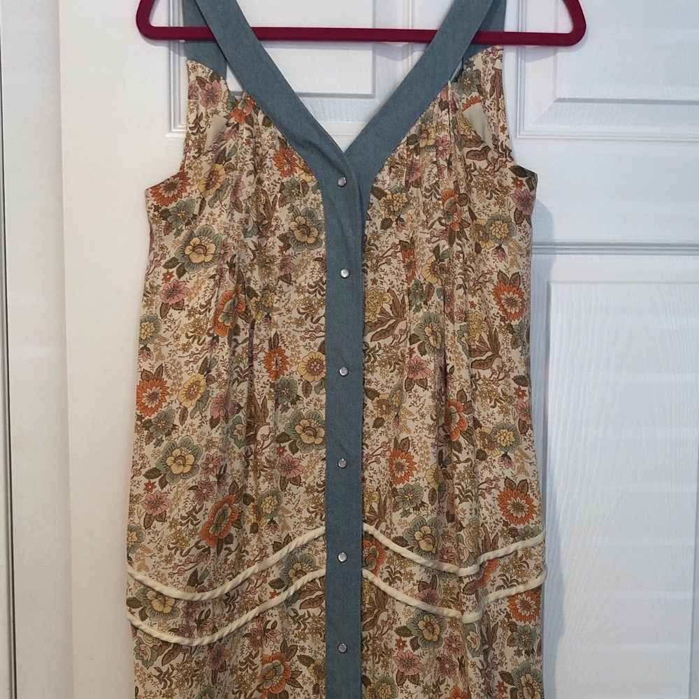 Floral Button-Front Dress with Denim Trim